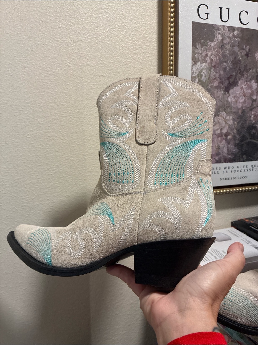 Roper Cowgirl boots Beige Suede Western Ankle Boots with Turquoise Stitching
